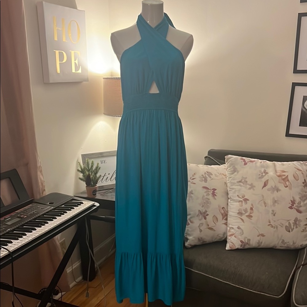 Cris Cross Halter Neck Cut Out Solid Color Sleeveless Flowy A Line Midi Dress